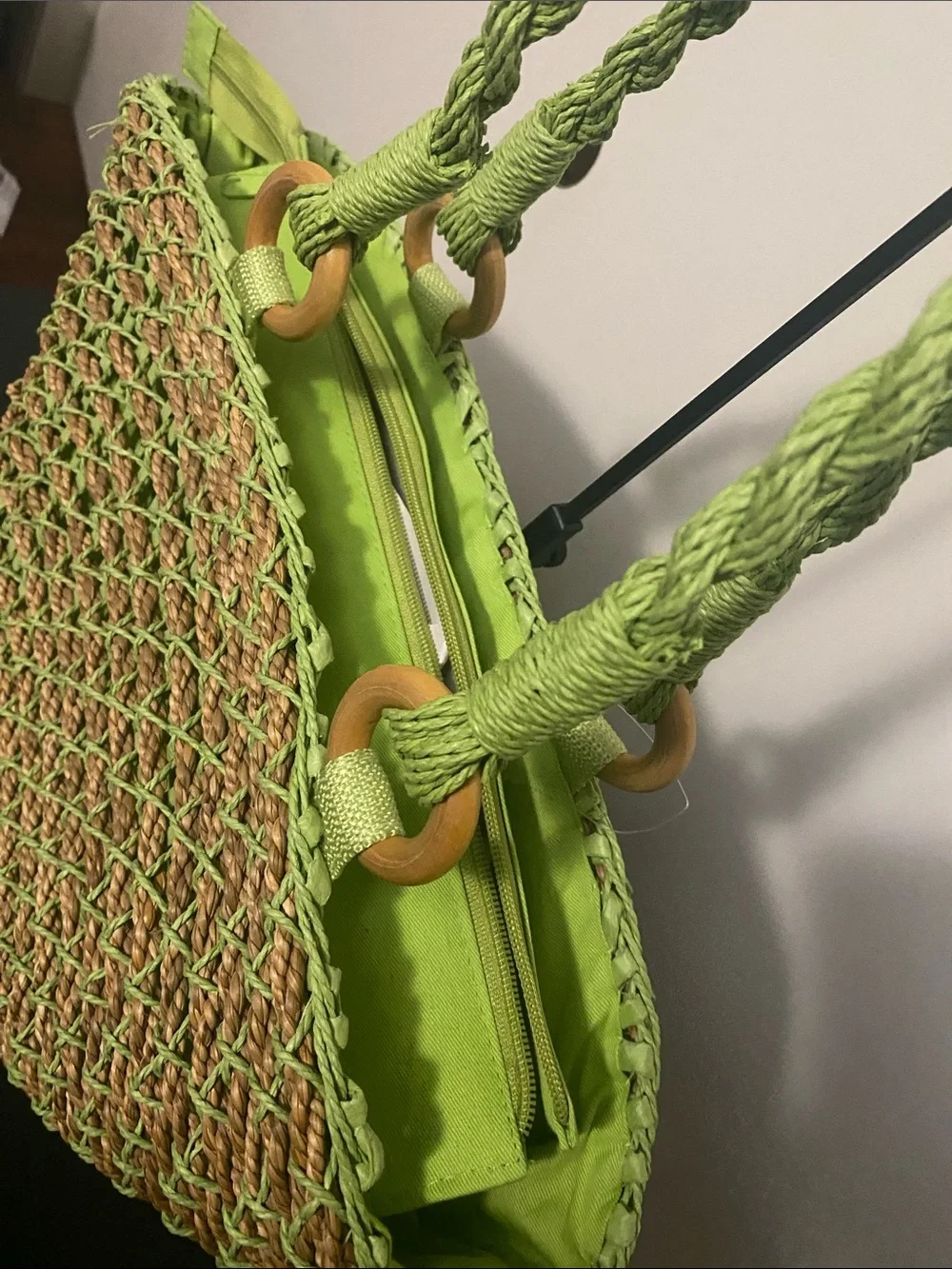Chico’s Green Woven Straw Tote Bag with Braided Handles
